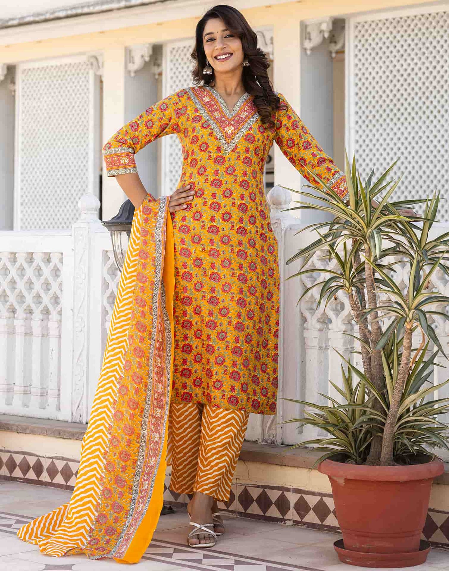 Cotton Blend Foil Printed and Printed Lace Straight Kurta with Pant & Dupatta