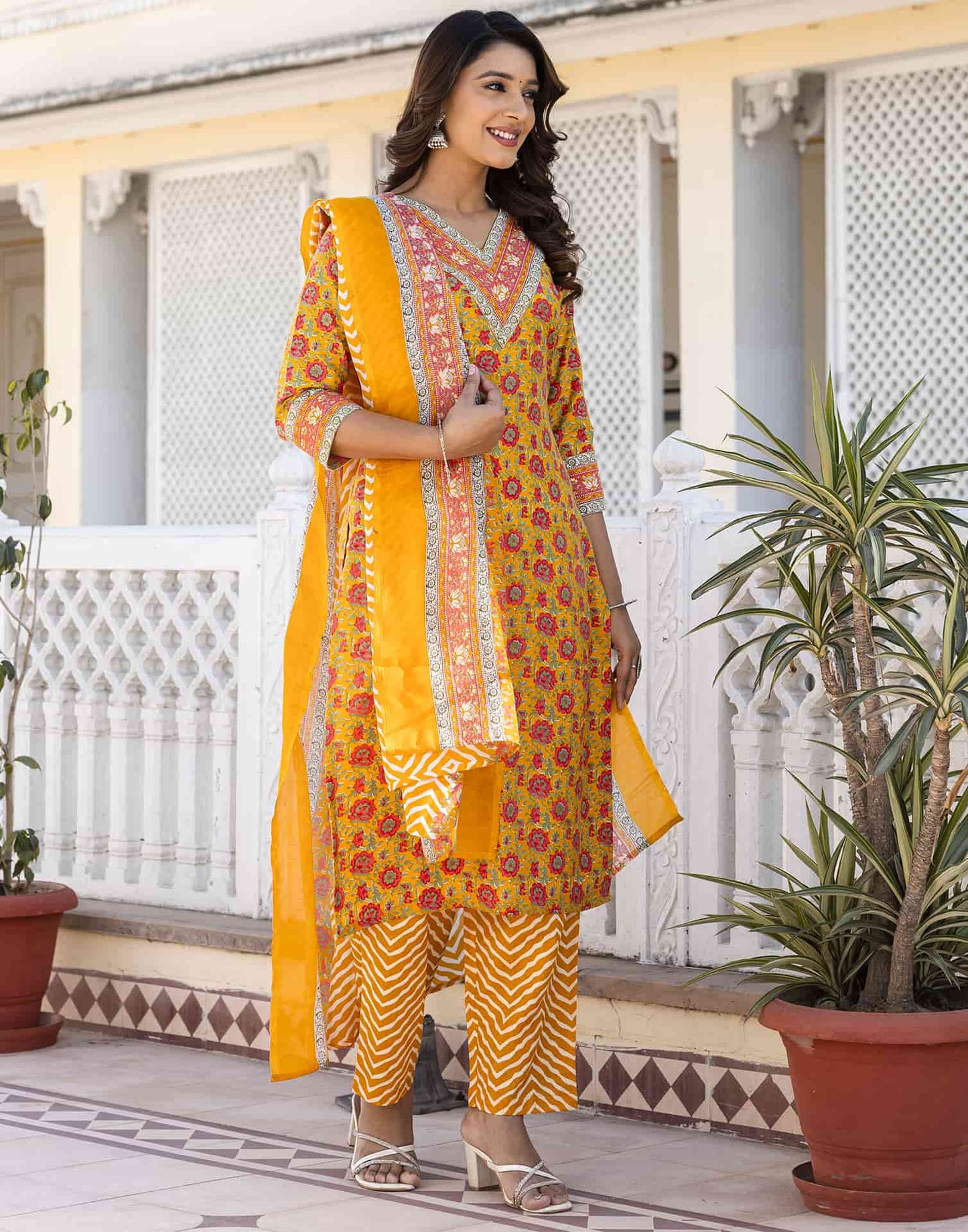 Cotton Blend Foil Printed and Printed Lace Straight Kurta with Pant & Dupatta