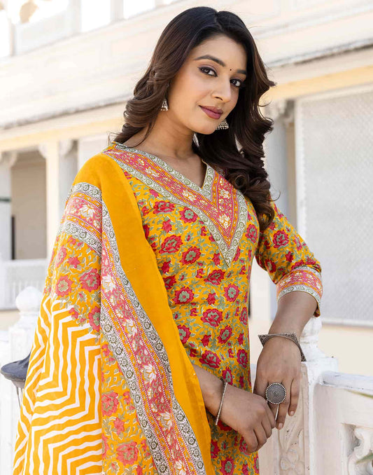 Cotton Blend Foil Printed and Printed Lace Straight Kurta with Pant & Dupatta
