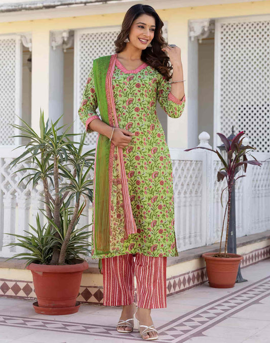 Cotton Blend Floral Printed and Lace Straight Kurta with Pant & Dupatta