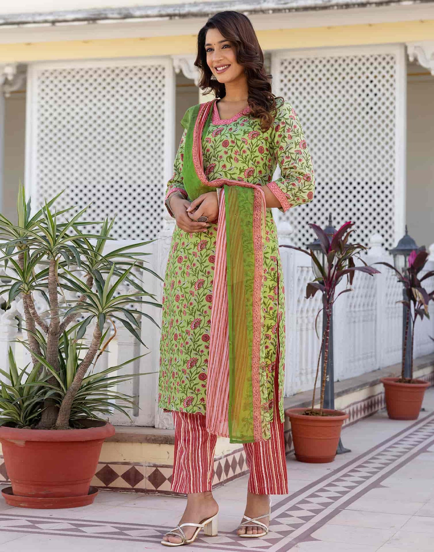 Cotton Blend Floral Printed and Lace Straight Kurta with Pant & Dupatta