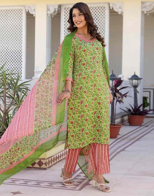 Cotton Blend Floral Printed and Lace Straight Kurta with Pant & Dupatta
