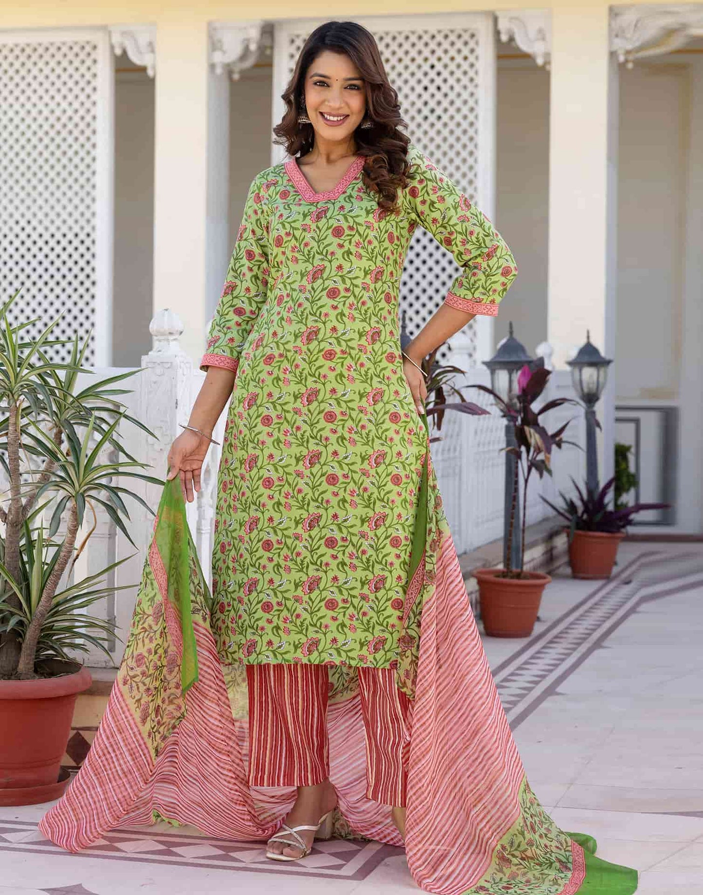 Cotton Blend Floral Printed and Lace Straight Kurta with Pant & Dupatta