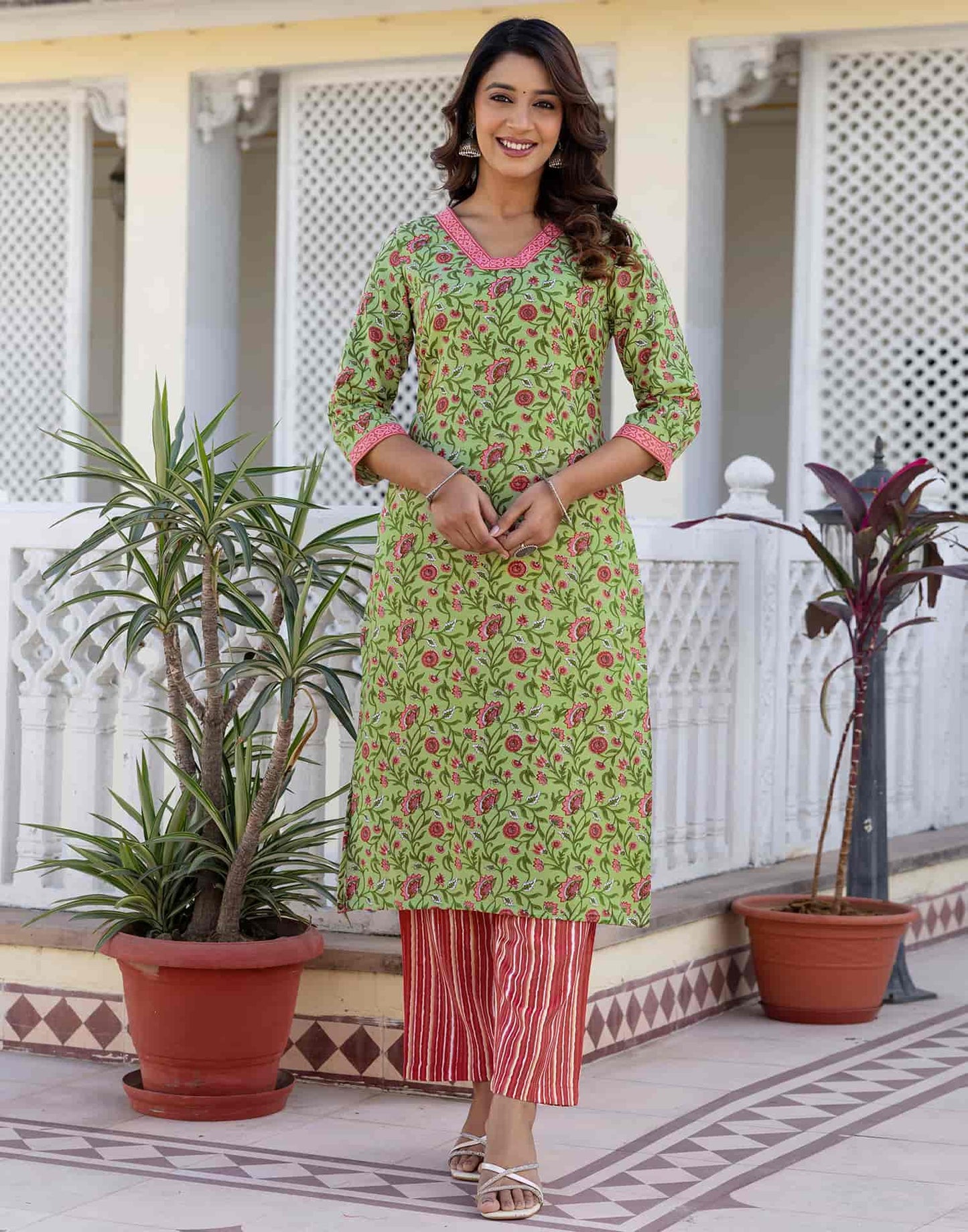 Cotton Blend Floral Printed and Lace Straight Kurta with Pant & Dupatta