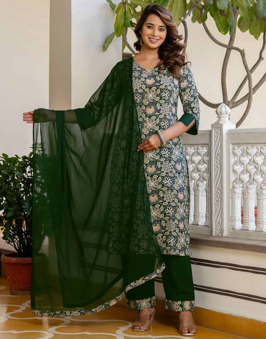Crepe Floral Printed Straight Kurta with Pant & Dupatta