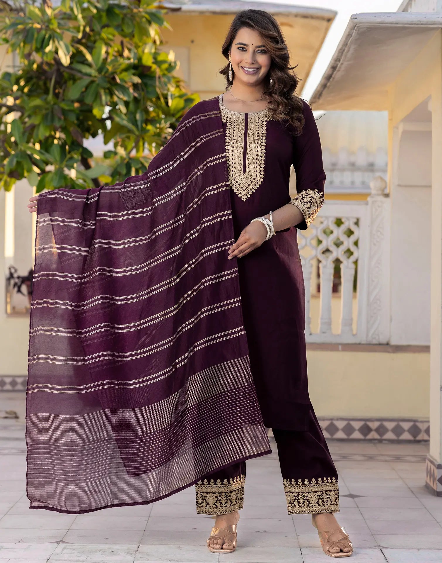Silk Blend Embroidered Straight 3 Piece Kurta Set