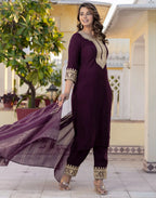 Silk Blend Embroidered Straight 3 Piece Kurta Set