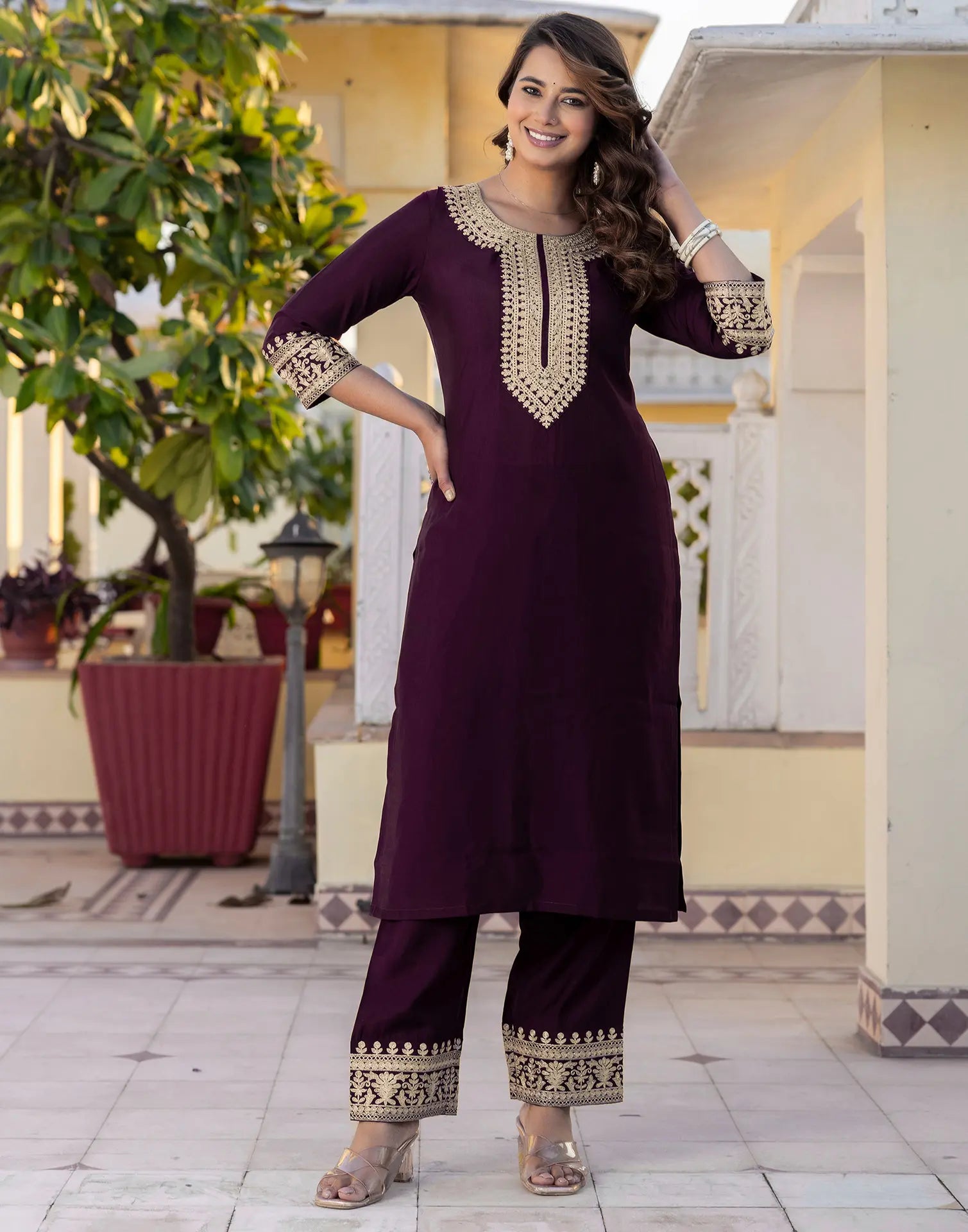 Silk Blend Embroidered Straight 3 Piece Kurta Set