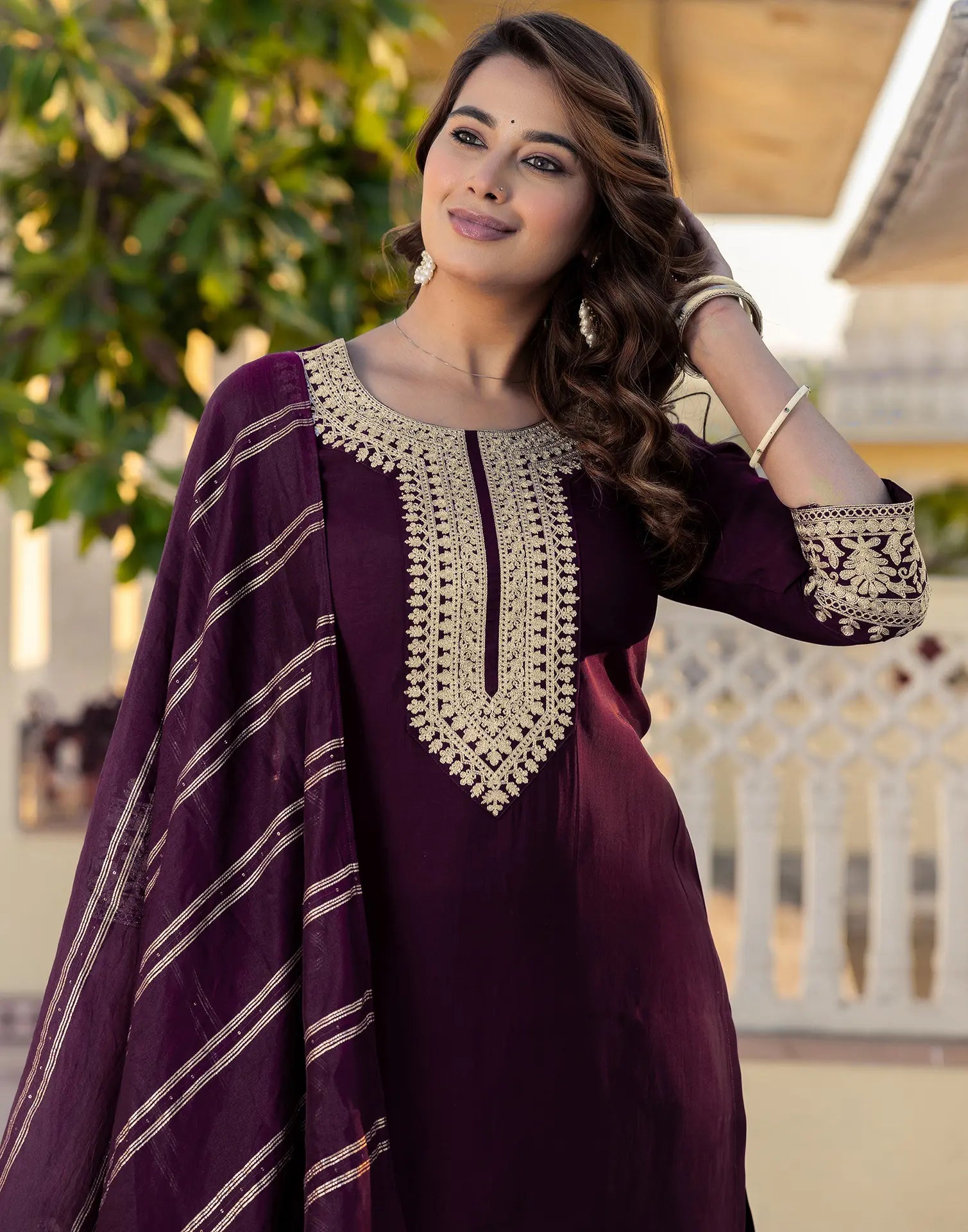 Silk Blend Embroidered Straight 3 Piece Kurta Set
