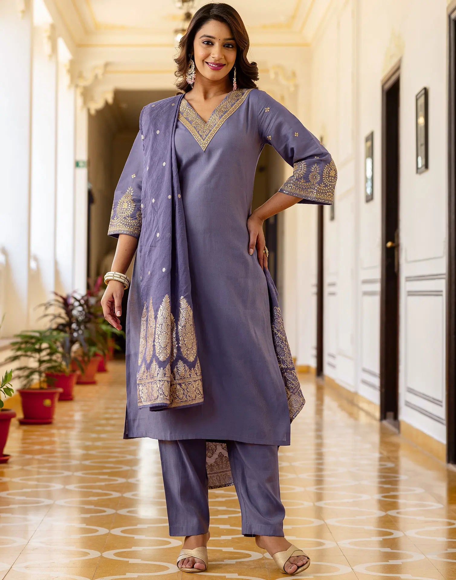 Shimmer Silk Blend Embroidered Straight 3 Piece Kurta Set