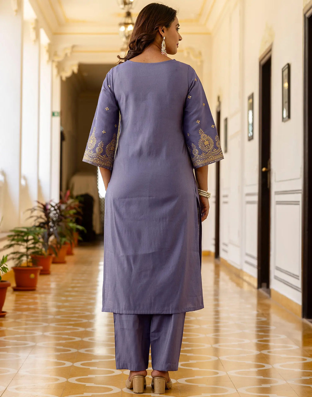 Shimmer Silk Blend Embroidered Straight 3 Piece Kurta Set