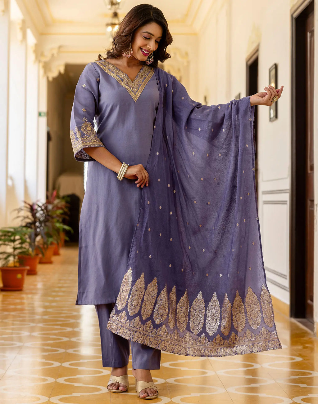 Shimmer Silk Blend Embroidered Straight 3 Piece Kurta Set