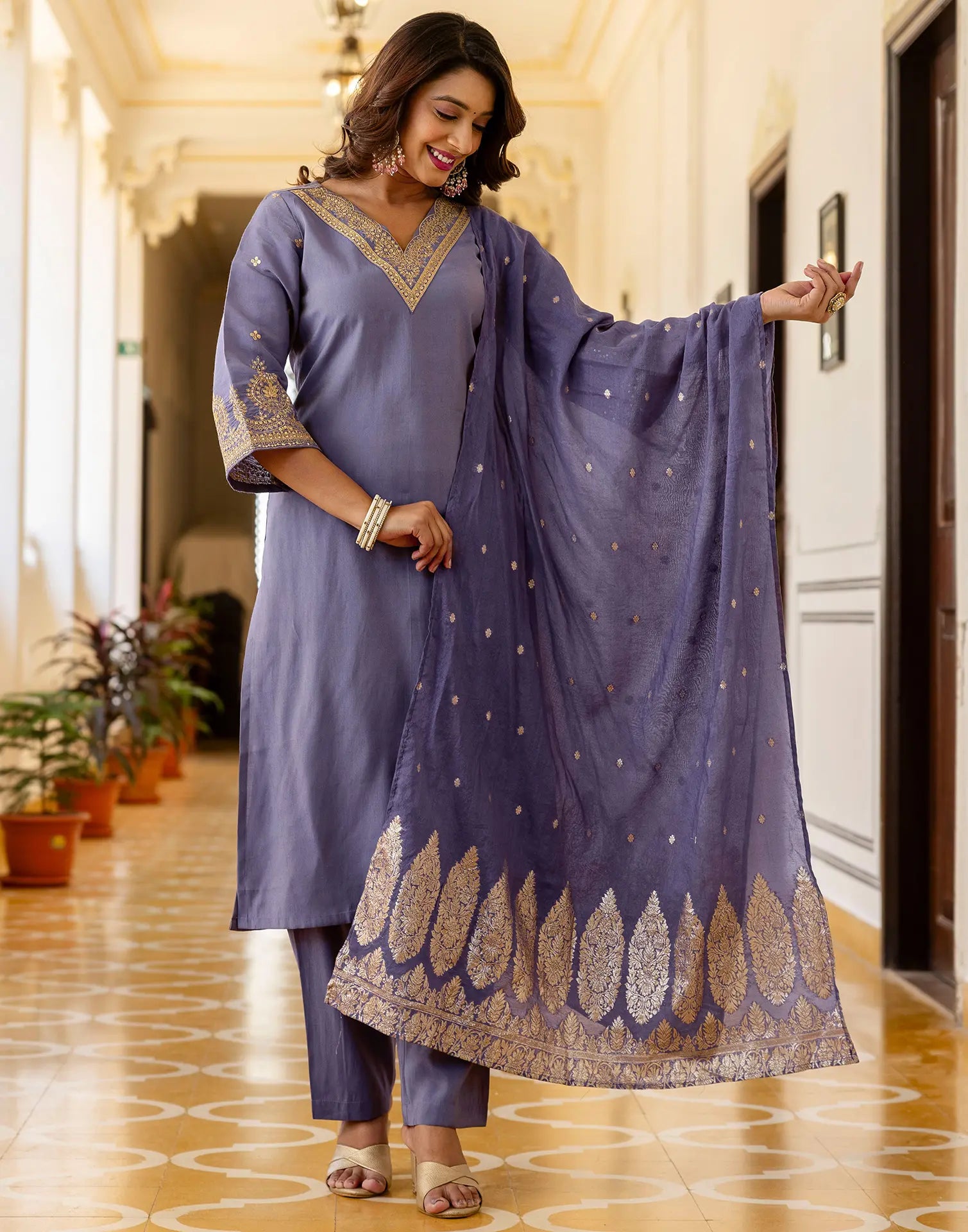 Shimmer Silk Blend Embroidered Straight 3 Piece Kurta Set