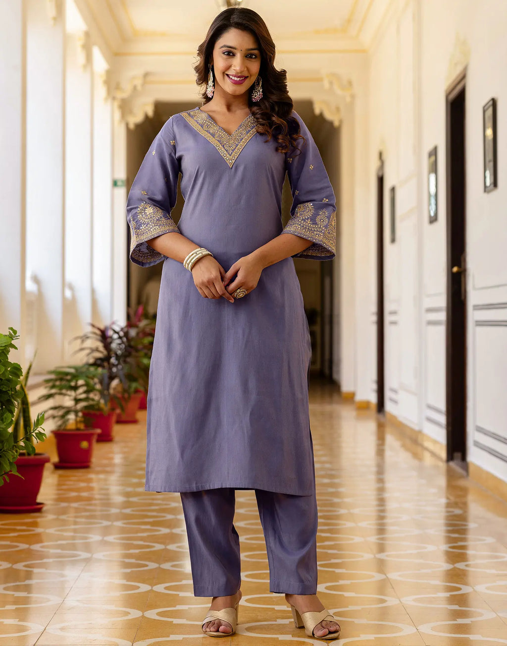Shimmer Silk Blend Embroidered Straight 3 Piece Kurta Set