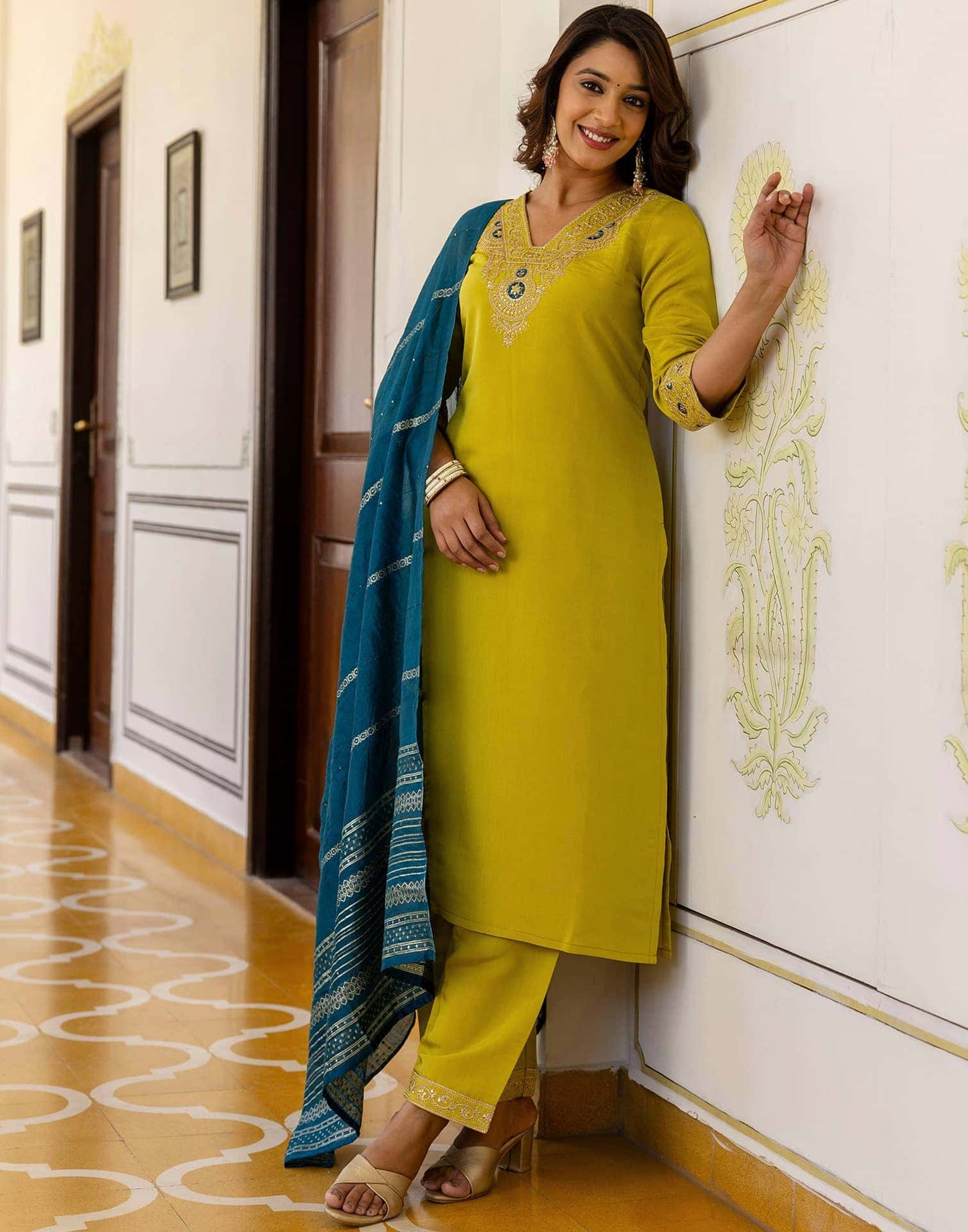 Silk Embroidery and Sequins Work Straight Kurta with Pant & Dupatta