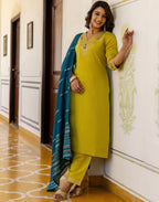 Silk Blend Embroidered Straight 3 Piece Kurta Set