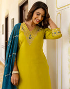 Silk Blend Embroidered Straight 3 Piece Kurta Set