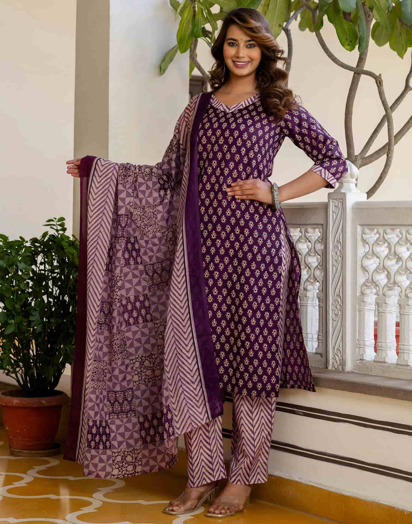 Cotton Blend Printed Lace Straight Kurta with Pant & Dupatta