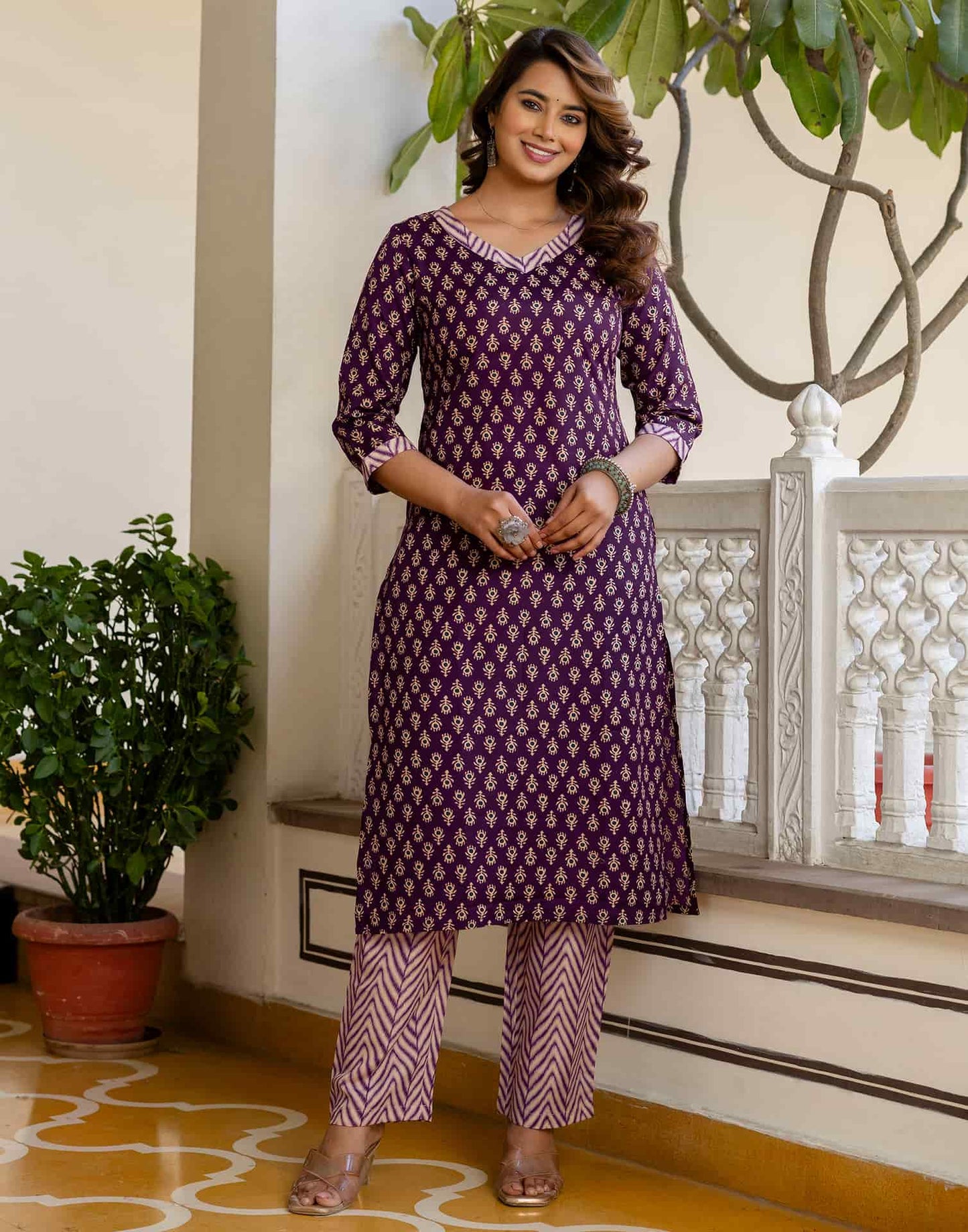 Cotton Blend Printed Lace Straight Kurta with Pant & Dupatta