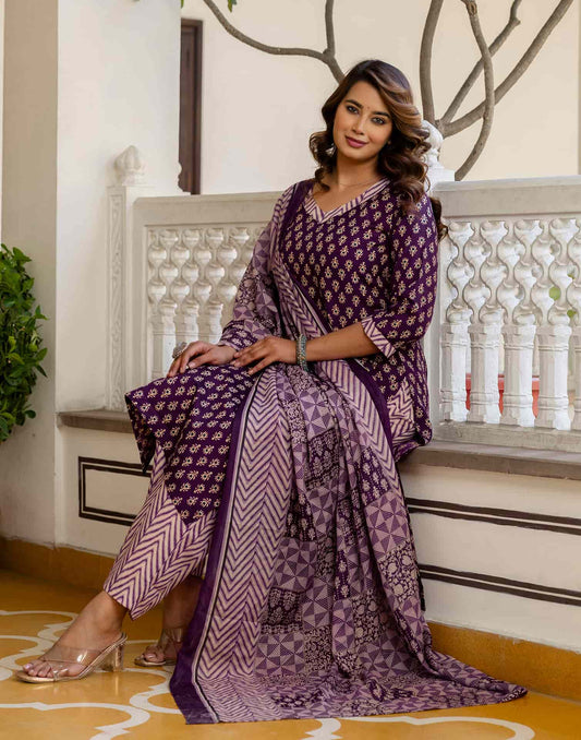 Cotton Blend Printed Lace Straight Kurta with Pant & Dupatta