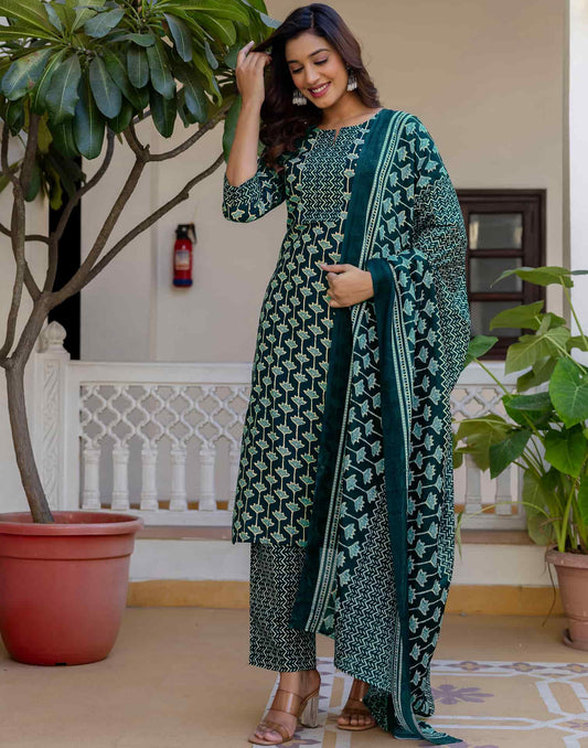 Cotton Blend Printed Lace Straight Kurta with Pant & Dupatta