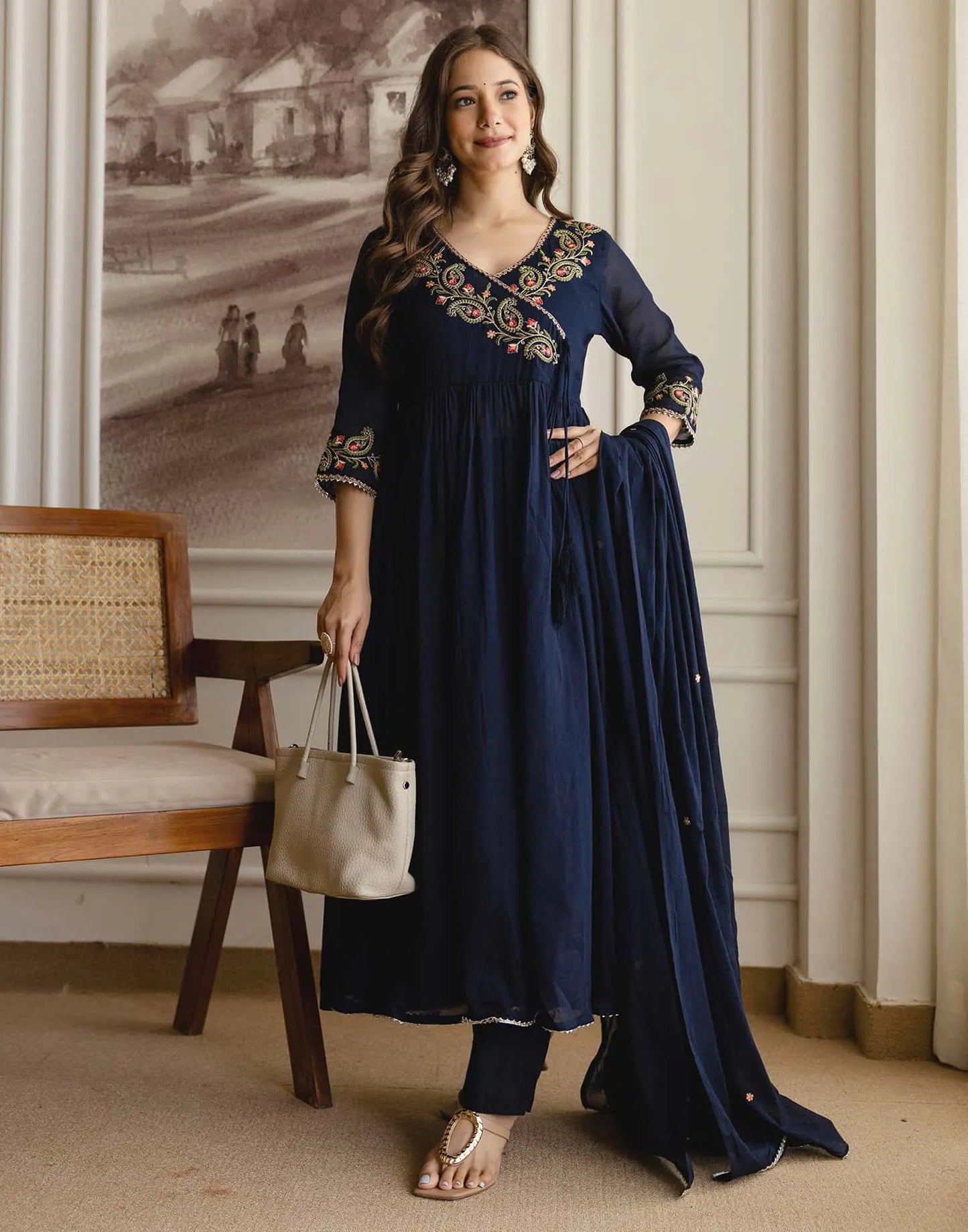 Affordable Blue Cotton Embroidered Anarkali Kurti Set