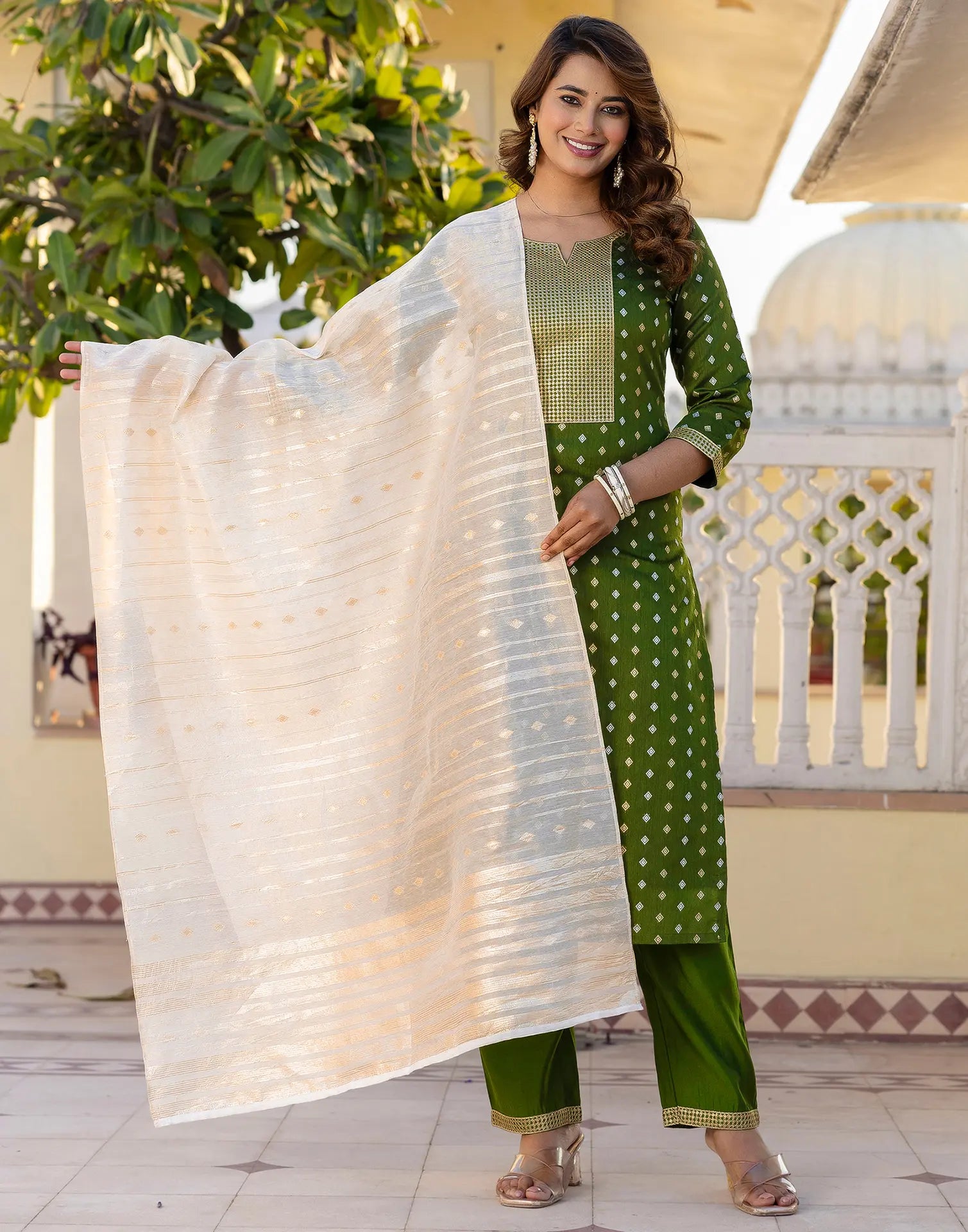 Chanderi Butti Embroidered Straight 3 Piece Kurta Set