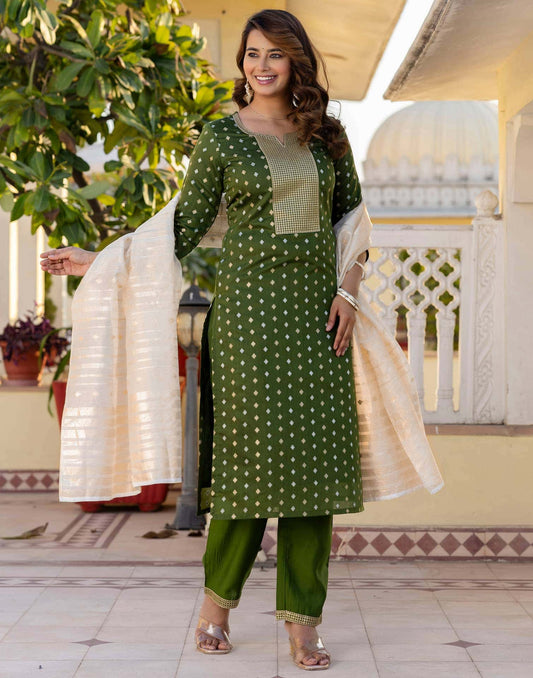 Chanderi Jaquard, Sequin Embroidery and Sequin Emb Lace Straight Kurta with Pant & Dupatta