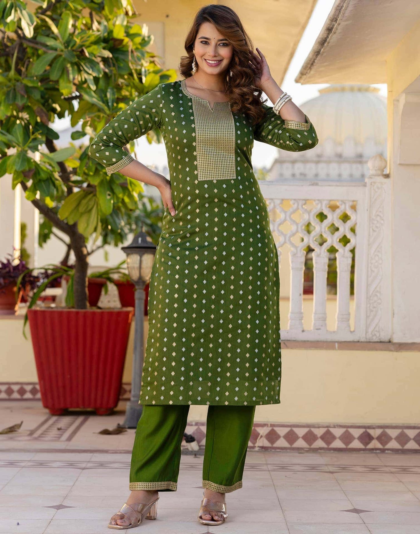 Chanderi Jaquard, Sequin Embroidery and Sequin Emb Lace Straight Kurta with Pant & Dupatta