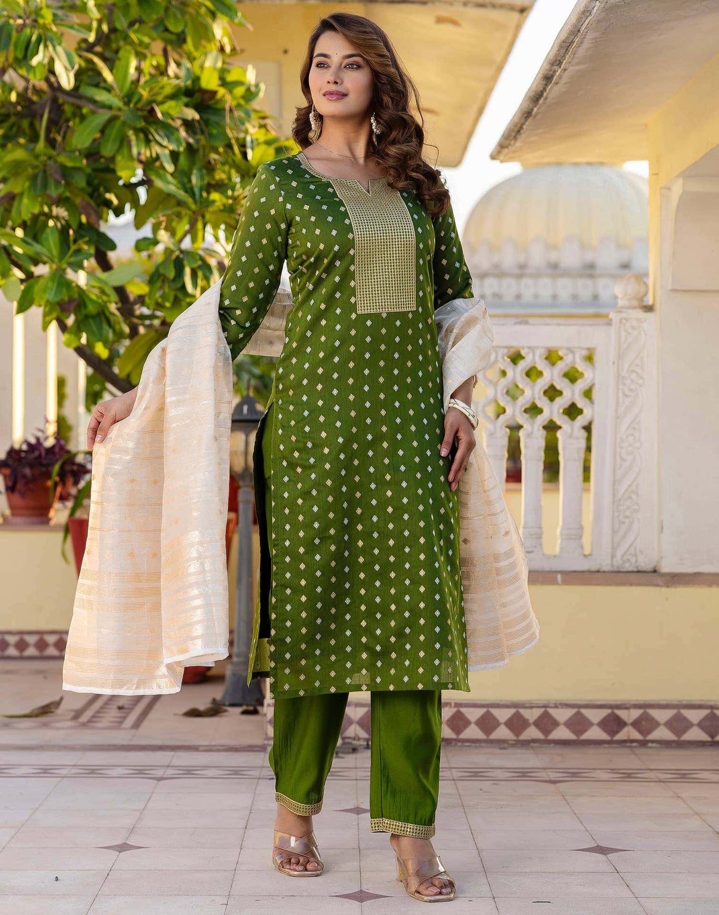 Chanderi Jaquard, Sequin Embroidery and Sequin Emb Lace Straight Kurta with Pant & Dupatta