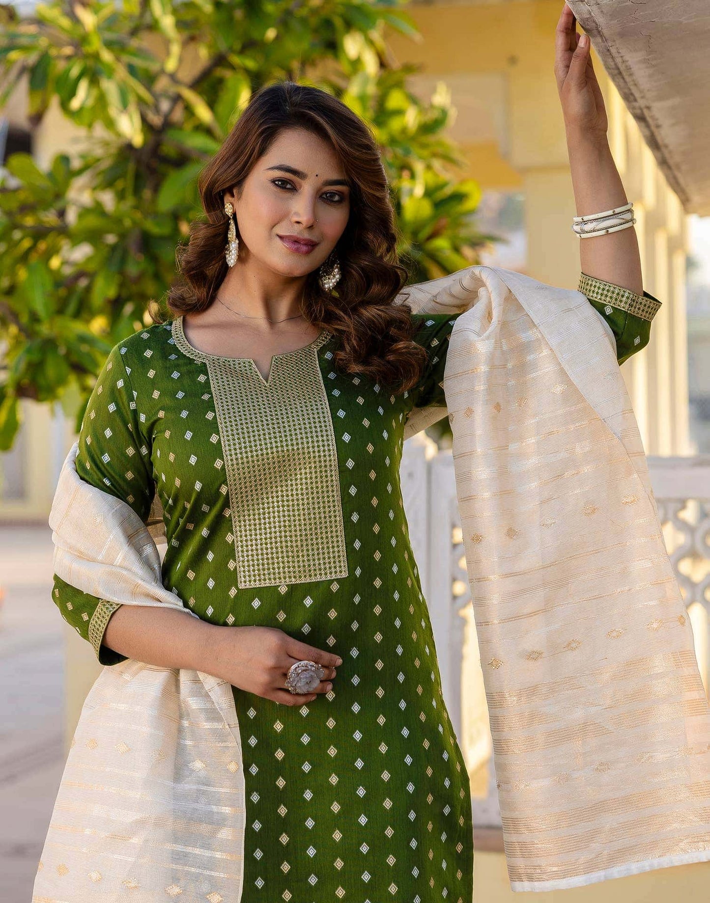Chanderi Jaquard, Sequin Embroidery and Sequin Emb Lace Straight Kurta with Pant & Dupatta