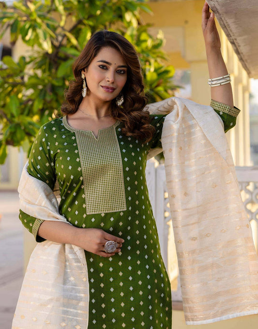 Chanderi Jaquard, Sequin Embroidery and Sequin Emb Lace Straight Kurta with Pant & Dupatta