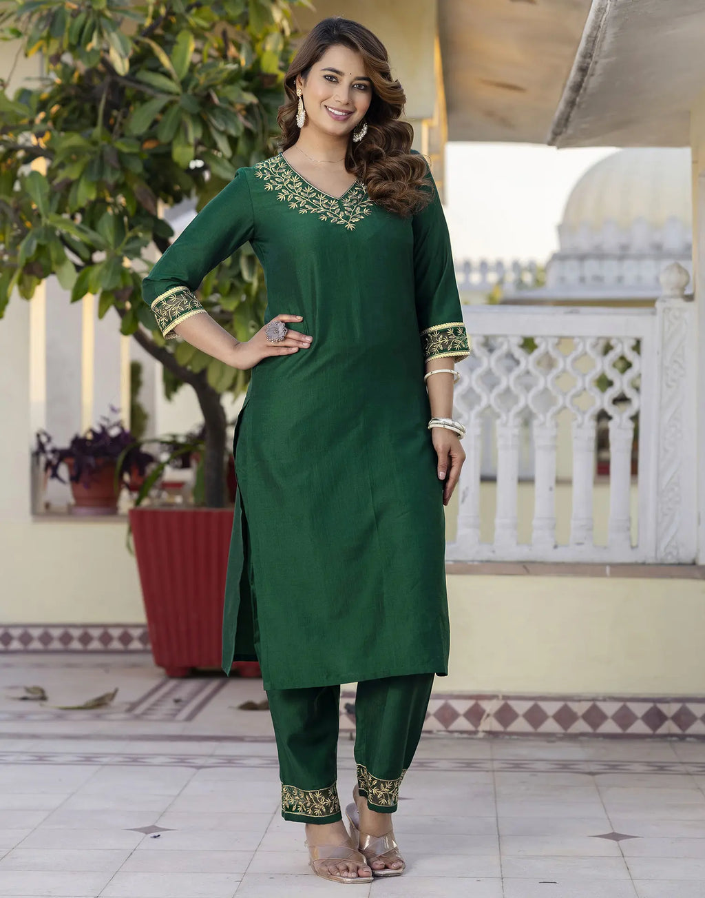 Poly Chinnon Embroidered Straight 3 Piece Kurta Set