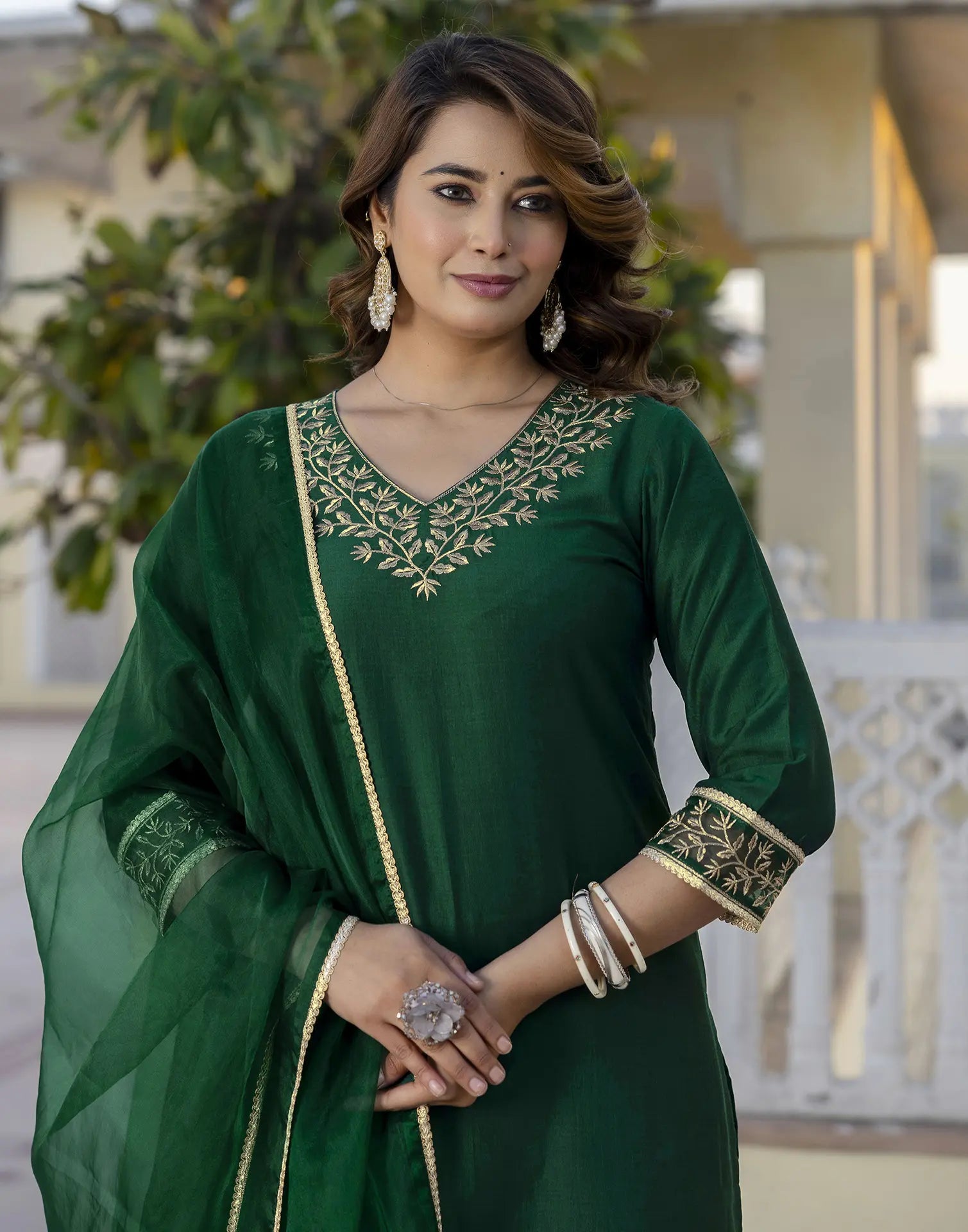 Poly Chinnon Embroidered Straight 3 Piece Kurta Set