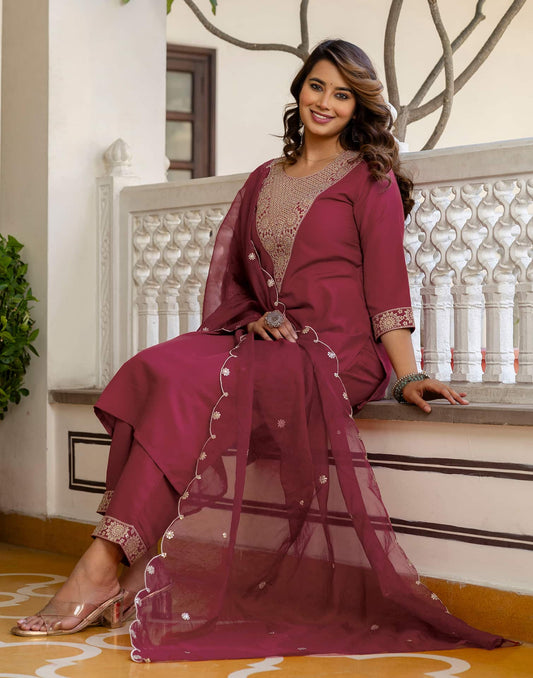 Cotton Embroidery and Sequin Work A-Line Kurta with Pant & Dupatta