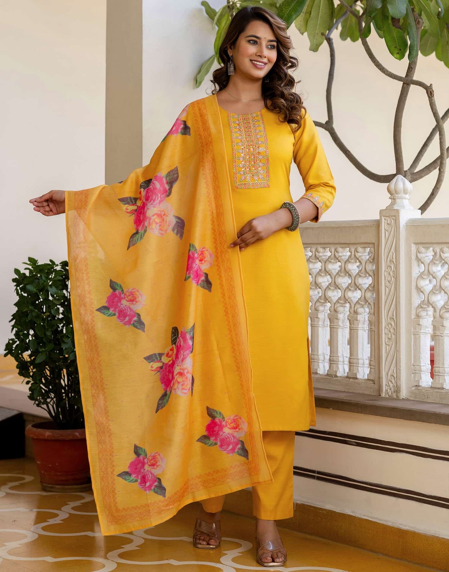 Cotton Blend Embroidery and Sequins Work Straight Kurta with Pant & Dupatta