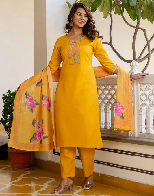 Cotton Blend Embroidery and Sequins Work Straight Kurta with Pant & Dupatta