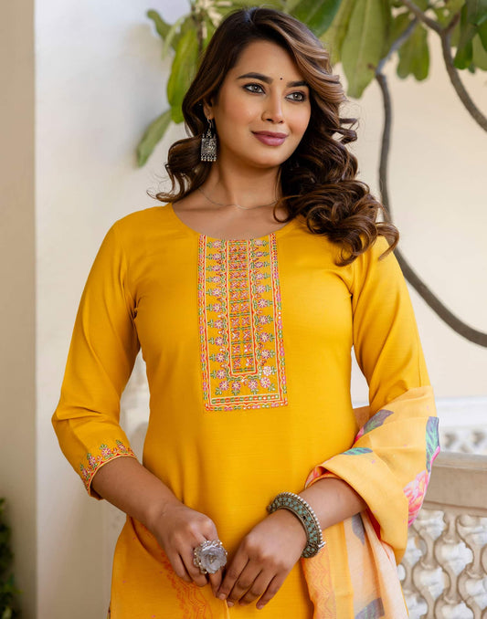 Cotton Blend Embroidery and Sequins Work Straight Kurta with Pant & Dupatta