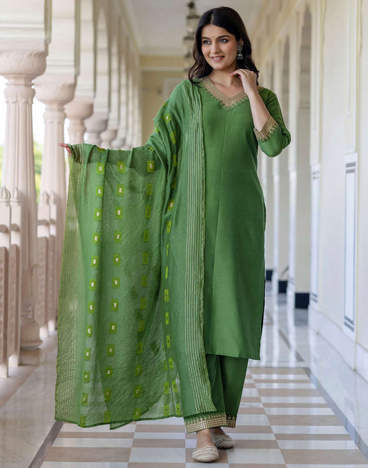 Silk Blend Sequins, Embroidery and Lace Straight Kurta with Pant & Dupatta