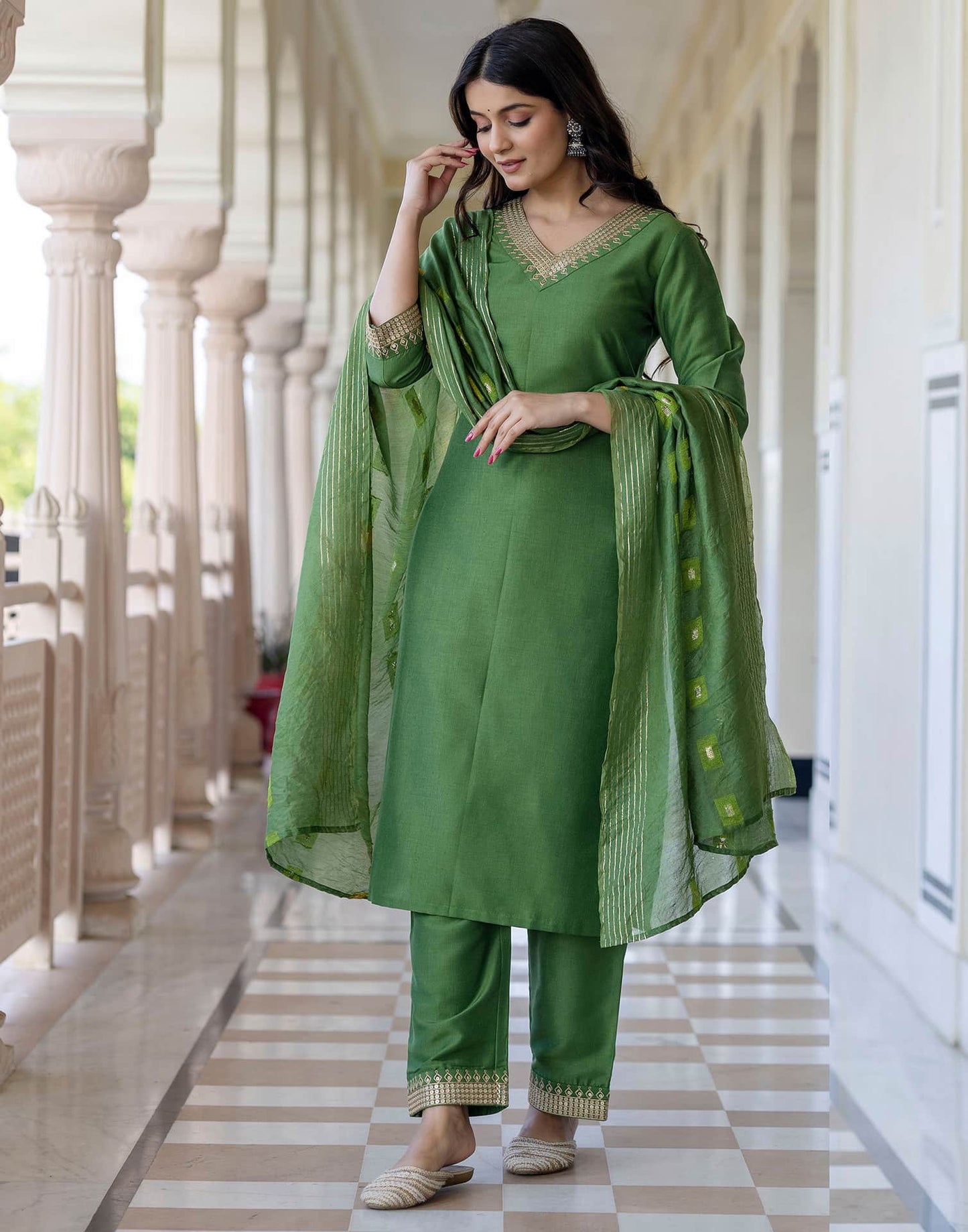 Silk Blend Sequins, Embroidery and Lace Straight Kurta with Pant & Dupatta
