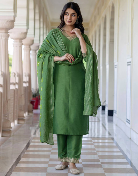 Silk Blend Sequins, Embroidery and Lace Straight Kurta with Pant & Dupatta