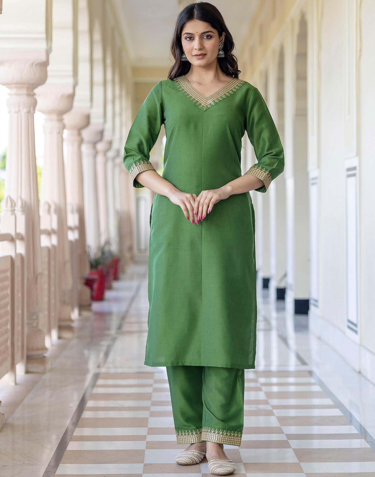 Silk Blend Sequins, Embroidery and Lace Straight Kurta with Pant & Dupatta