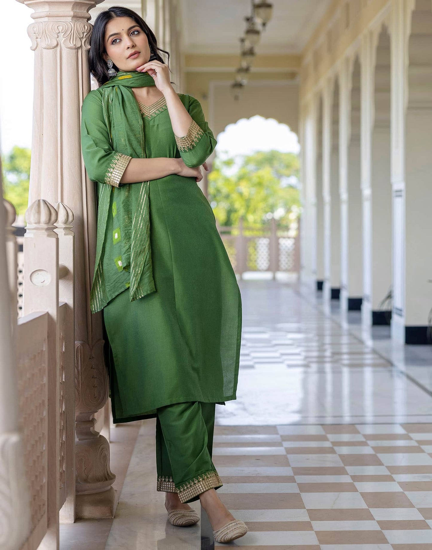 Silk Blend Sequins, Embroidery and Lace Straight Kurta with Pant & Dupatta
