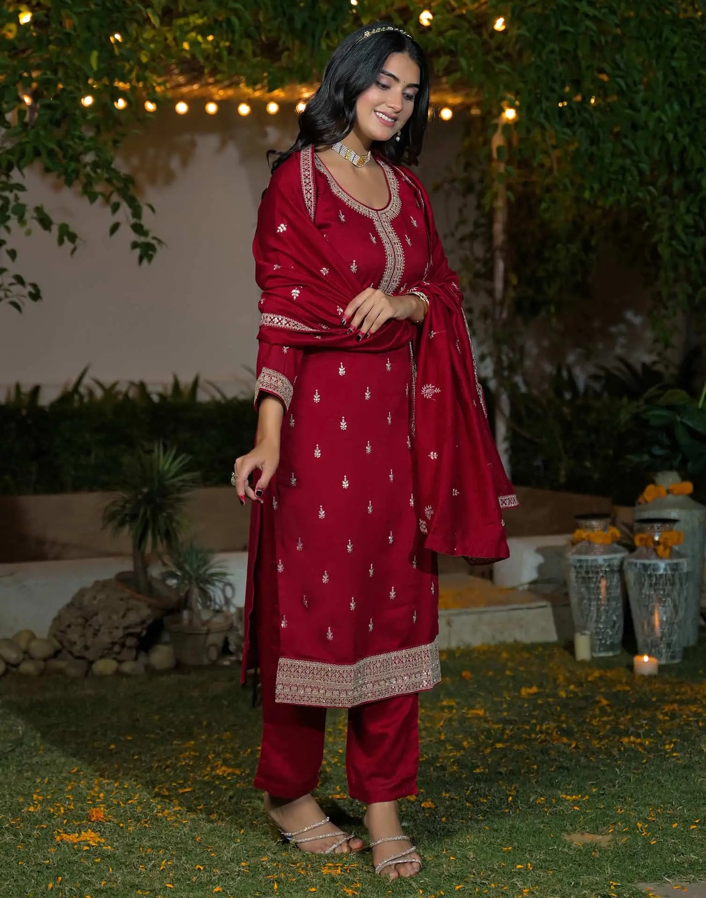 Silk Straight Embroidery Round Neck Kurta with Pant & Dupatta