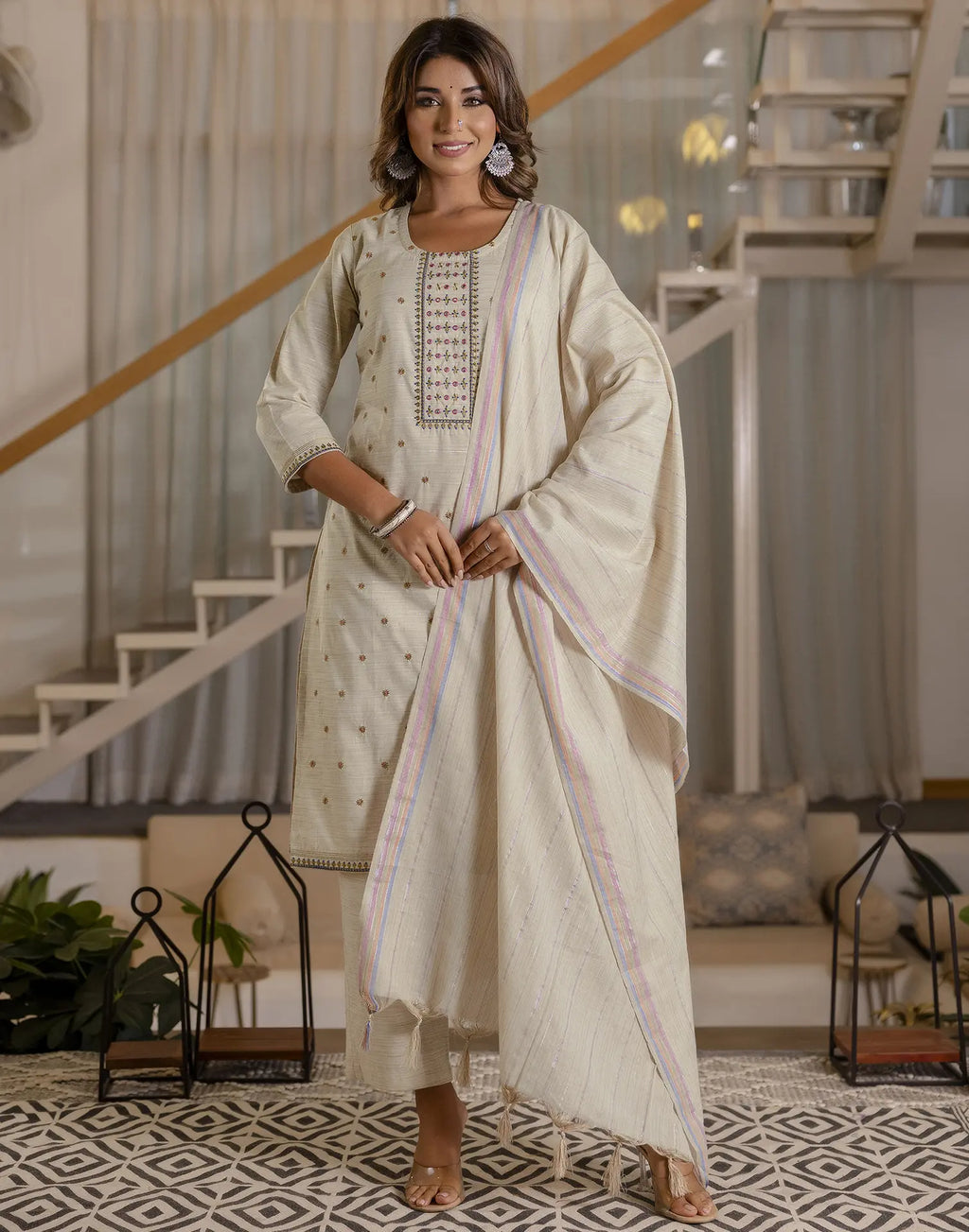 Cotton Woven Embroidered Straight 3 Piece Kurta Set