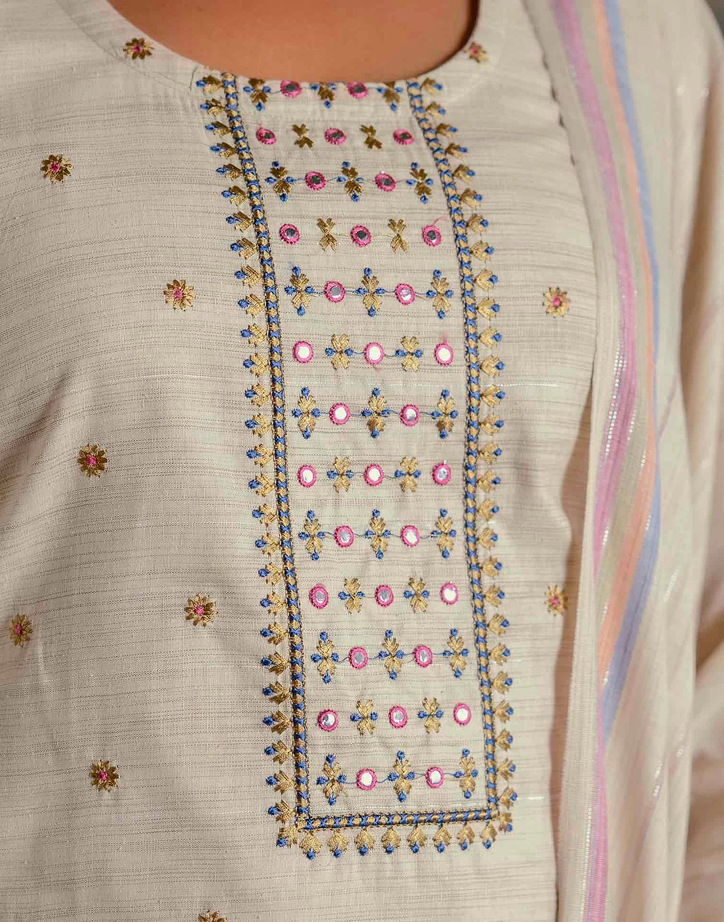 Cotton Weaving and Embroidery A-Line Kurta with Pant & Dupatta