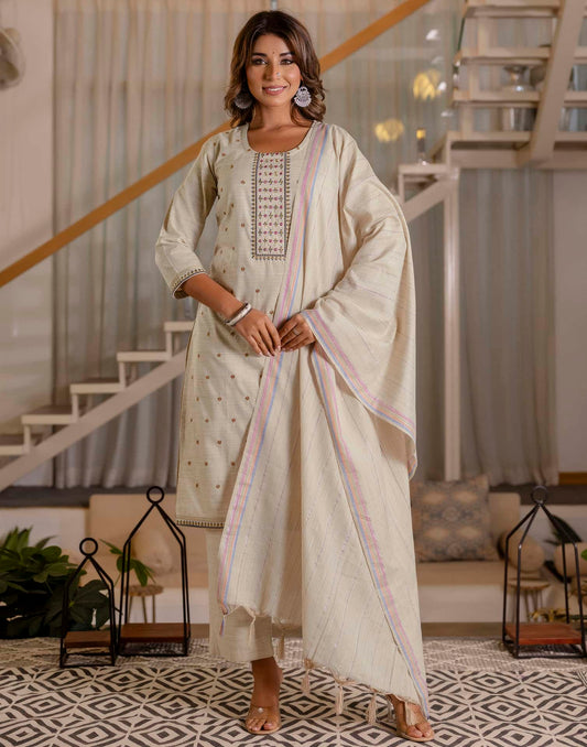 Cotton Weaving and Embroidery A-Line Kurta with Pant & Dupatta