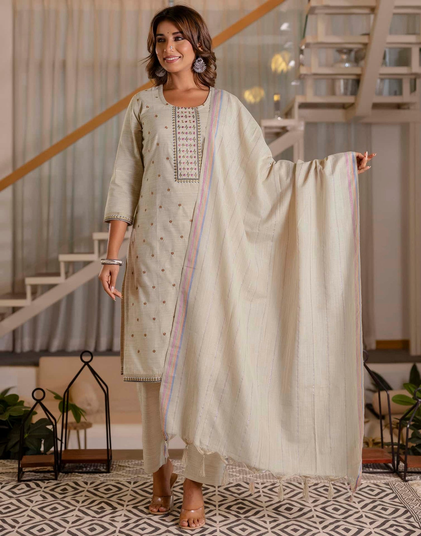 Cotton Weaving and Embroidery A-Line Kurta with Pant & Dupatta