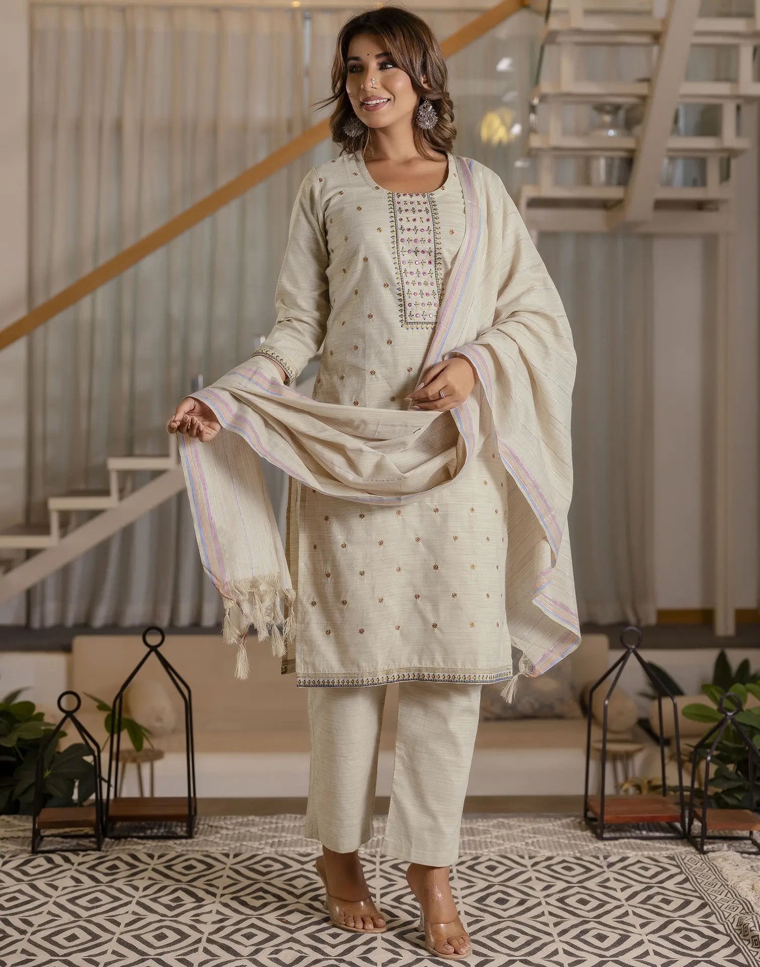 Cotton Woven Embroidered Straight 3 Piece Kurta Set