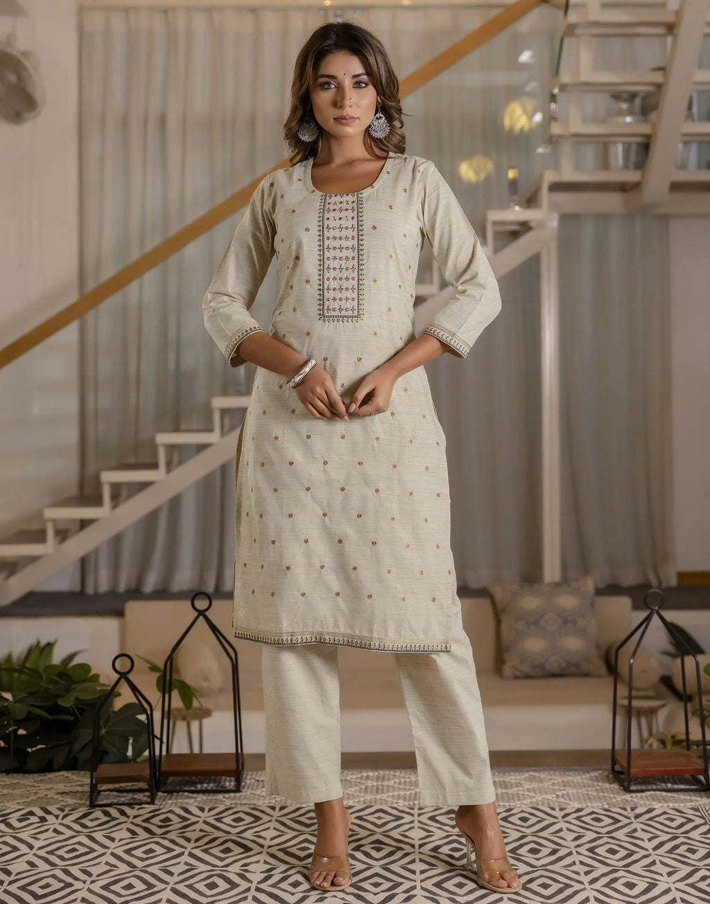 Cotton Woven Embroidered Straight 3 Piece Kurta Set